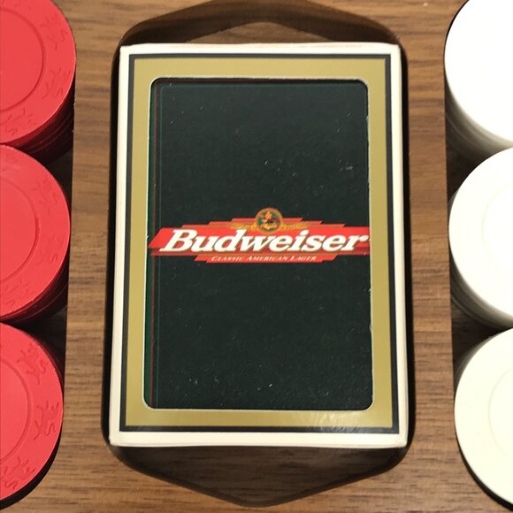 Vintage Budweiser Poker Chip Set 96pc Wooden Box Cards - Picture 6 of 10